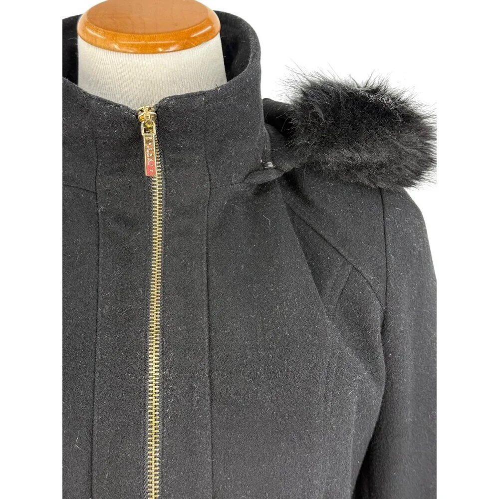 Laundry By Shelli Segal Black Wool Faux Fur Trim Hooded Coat | Cozy Quiet Luxury - Picture 15 of 16